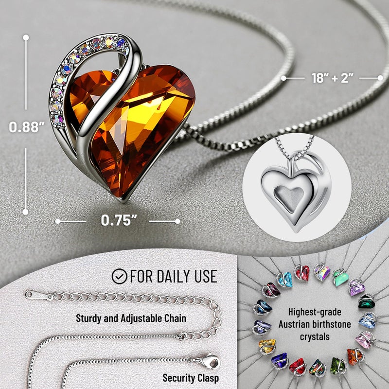 Leafael Valentine's Day Gift Necklaces for Women, Infinity Love Birthstone Heart Pendant with Amber Brown Crystal for November, Birthday Jewelry for Her, Mom, and Wife, Silver Plated, 18" + 2" Chain - Image 3